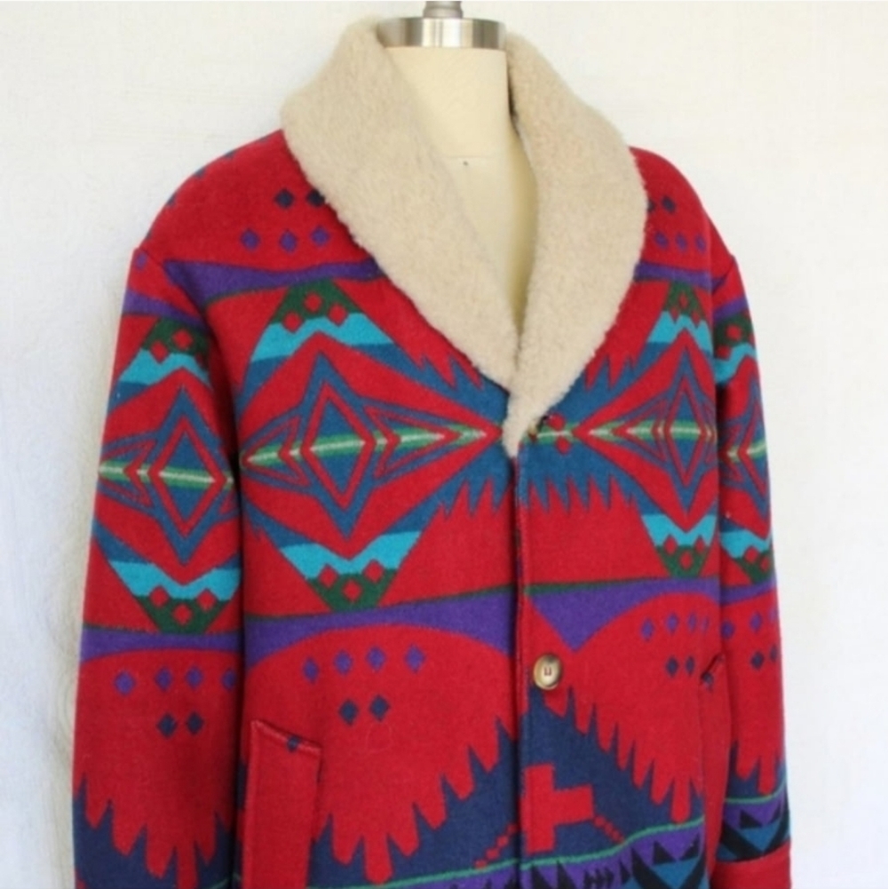 Pendleton Red and Blue wool Patterned Pea Coat - Picture 2 of 5
